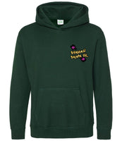 The fornt of a bottle green hoodie displaying the Personal Prints UK logo on the top left breast.