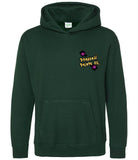 The fornt of a bottle green hoodie displaying the Personal Prints UK logo on the top left breast.