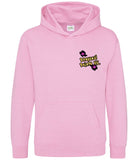 The front of a baby pink  hoodie displaying the Personal Prints UK logo on the top left breast.