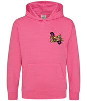 The front of a candy floss pink hoodie displaying the Personal Prints UK logo on the top left breast.
