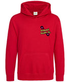 The front of a fire red hoodie displaying the Personal Prints UK logo on the top left breast.