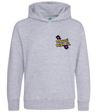The front of a heather grey hoodie displaying the Personal Prints UK logo on the top left breast.