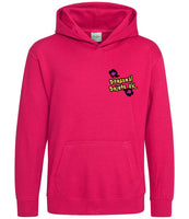 The front of a hot pink hoodie displaying the Personal Prints UK logo on the top left breast.