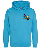 The front of a Hawaiian blue hoodie displaying the Personal Prints UK logo on the top  left breast.