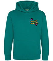 The front of a jade green hoodie displaying the Personal Prints UK logo on the top left breast.