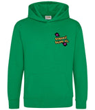 The front of a kelly green hoodie displaying the Personal Prints UK logo on the top left breast.
