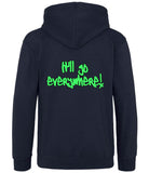 The back of a nautical French navy hoodie with neon green text that reads "It'll go everywhere!"
