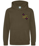 The front of an olive green hoodie displaying the Personal Prints UK logo on the top left breast.