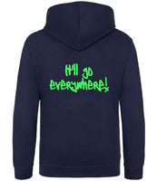 The back of an oxford navy hoodie with neon green text that reads "It'll go everywhere!"