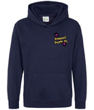 The front of an oxford navy hoodie displaying the Personal Prints UK logo on the top left breast.