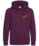 The front of a plum purple hoodie displaying the Personal Prints UK logo on the top left breast.