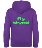 The back of a purple hoodie with neon green text that reads "It'll go everywhere!"