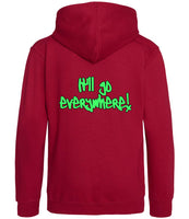 The back of a red hot chilli hoodie with neon green text that reads "It'll go everywhere!"