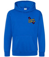 The front of a royal blue hoodie displaying the Personal Prints UK logo on the top left breast.