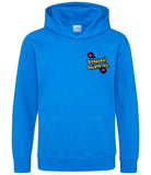 The front of a sapphire blue hoodie displaying the Personal Prints UK logo on the top left breast.