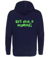 The back of an oxford navy hoodie with neon green text that reads "we'll stick it anywhere!"