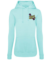 A peppermint blue hoody displaying the Personal Prints UK logo on the top left breast.