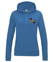 A sapphire blue hoody displaying the Personal Prints UK logo on the top left breast.