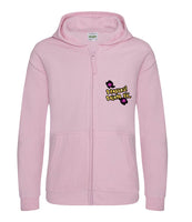 The front of a baby pink hoodie with a full body zip running down the middle. The Personal Prints UK logo is displayed on the top left breast.