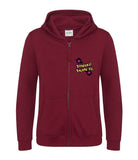 The front of a burgundy hoodie with a full body zip running down the middle. The Personal Prints UK logo is displayed on the top left breast.