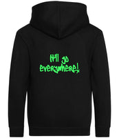 The back of a deep black hoodie with neon green text that reads "it'll go everywhere!"