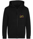 The front of a deep black hoodie with a full body zip running down the middle. The Personal Prints UK logo is displayed on the top left breast.