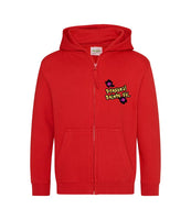 The front of a fire red hoodie with a full body zip running down the middle. The Personal Prints UK logo is displayed on the top left breast.