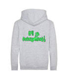 The back of a hetaher grey hoodie with neon green text that reads "it'll go everywhere!"