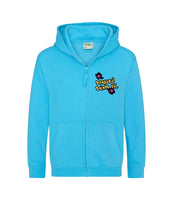 The front of a Hawaiian blue hoodie with a full body zip running down the middle. The Personal Prints UK logo is displayed on the top left breast.
