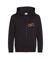 The front of a jet black hoodie with a full body zip running down the middle. The Personal Prints UK logo is displayed on the top left breast.