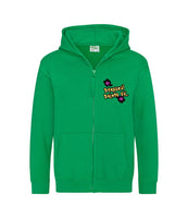 The front of a kelly green hoodie with a full body zip running down the middle. The Personal Prints UK logo is displayed on the top left breast.
