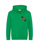The front of a kelly green hoodie with a full body zip running down the middle. The Personal Prints UK logo is displayed on the top left breast.