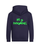 The back of a nautical French navy hoodie with neon green text that reads "it'll go everywhere!"