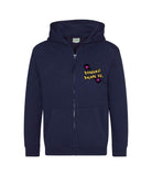 The front of an oxford navy hoodie with a full body zip running down the middle. The Personal Prints UK logo is displayed on the top left breast.