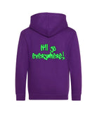 The back of a purple hoodie with neon green text that reads "it'll go everywhere!"