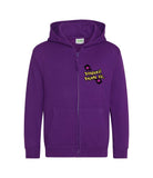 The front of a purple hoodie with a full body zip running down the middle. The Personal Prints UK logo is displayed on the top left breast.