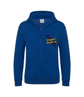 The front of a royal blue hoodie with a full body zip running down the middle. The Personal Prints UK logo is displayed on the top left breast.