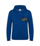 The front of a royal blue hoodie with a full body zip running down the middle. The Personal Prints UK logo is displayed on the top left breast.