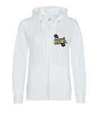The front of an arctic white hoodie, with full body colour matching zip. Displaying the Personal Prints UK logo on the top left breast.