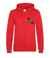 The front of a fire red hoodie, with full body colour matching zip. Displaying the Personal Prints UK logo on the top left breast.