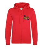 The front of a fire red hoodie, with full body colour matching zip. Displaying the Personal Prints UK logo on the top left breast.