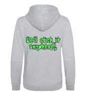 The back of a heather grey hoodie with neon green text that reads "we'll stick it anywhere!"