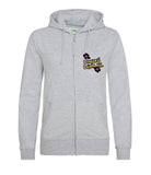 The front of a heather grey hoodie, with full body colour matching zip. Displaying the Personal Prints UK logo on the top left breast.