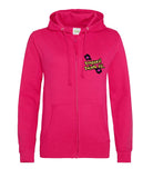 The front of a hot pink hoodie, with full body colour matching zip. Displaying the Personal Prints UK logo on the top left breast.