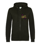 The front of a jet black hoodie, with full body colour matching zip. Displaying the Personal Prints UK logo on the top left breast.