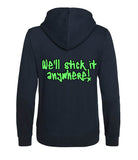 The back of a nautical French navy hoodie with neon green text that reads "we'll stick it anywhere!"