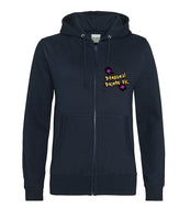 The front of a nautical French navy hoodie, with full body colour matching zip. Displaying the Personal Prints UK logo on the top left breast.