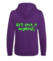 The back of a purple hoodie with neon green text that reads "we'll stick it anywhere!"
