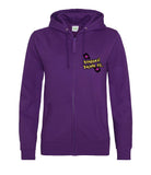 The front of a purple hoodie, with full body colour matching zip. Displaying the Personal Prints UK logo on the top left breast.