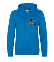 The front of a sapphire blue hoodie, with full body colour matching zip. Displaying the Personal Prints UK logo on the top left breast.